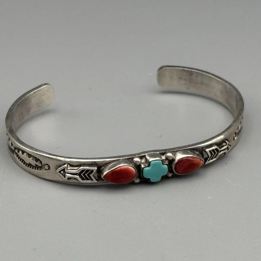 Native American Sterling Silver Cuff Bracelet Albert Jake Turquoise Spiny Oyster